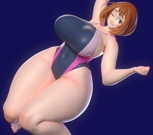 3d big_breasts blue_background boku_no_hero_academia breasts female gigantic_breasts gigantic_thighs long_legs massive_thighs my_hero_academia navel ochako_uraraka one-piece_swimsuit one_eye_closed simple_background smile swimsuit thick_hips thick_legs thick_thighs toenails usukeninja venus_body wide_hips