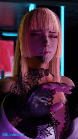 1girls 3d 3d_(artwork) bandai_namco big_breasts blonde_hair blue_eyes breasts clothed_female clothes collar copyright_name cum cum_on_eye cum_on_face detailed_background emilie_de_rochefort female female_focus female_only fingerless_gloves fur_trim long_hair namco one_eye_closed shaddoll_x smile tekken tekken_8