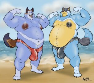 2024 anthro areola australian_cattle_dog bandit_heeler barefoot beach belly belly_overhang big_areola big_belly big_bulge big_moobs bluey_(series) brother brother_(lore) brothers_(lore) bulge canid canine canis cattledog claws clothed clothing cloud day detailed_bulge domestic_dog duo eyebrows feet flexing fur herding_dog huge_belly huge_bulge husky2paws looking_at_viewer male mammal moobs narrowed_eyes navel nipples obese obese_anthro obese_male open_mouth open_smile outside overweight overweight_anthro overweight_male pastoral_dog plantigrade sand sibling_(lore) signature sky smile speedo standing stripe_heeler swimwear topless topless_anthro topless_male tuft water