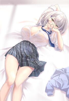 arm_behind_head blue_skirt braid breasts breasts_apart collared_shirt dress_shirt female french_braid glasses green_eyes grey_hair highres hololive hololive_fantasy hololive_japan izupix long_sleeves looking_at_viewer lying miniskirt necktie no_bra official_alternate_hairstyle on_back open_clothes open_shirt pleated_skirt school_uniform see-through_clothes semi-rimless_eyewear shirogane_noel shirogane_noel_(school_uniform) shirt short_hair skirt solo unbuttoned unbuttoned_shirt under-rim_eyewear virtual_youtuber wet wet_clothes wet_shirt white_shirt wing_collar