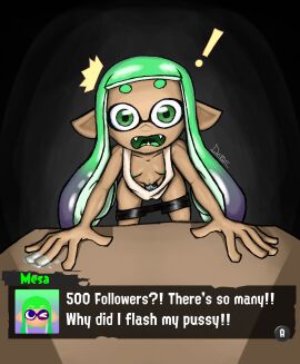 accidental_exposure dus duskizi female fingering inkling inkling_girl lighting looking_at_viewer loose_clothes mesa_(dus) nintendo nipple_slip original pussy shocked simple_background solo solo_female solo_focus splatoon surprised surprised_expression table tank_top wet wet_fingers wet_pussy