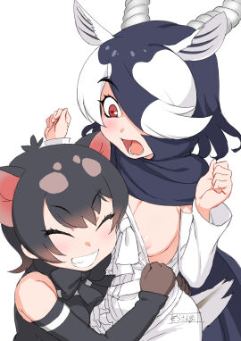 2girls animal_ears antelope_ears antelope_horns apron areola_slip areolae assisted_exposure bangs bare_shoulders black_bow black_bowtie black_cape black_cloak black_hair black_shirt black_skirt black_sleeves blackbuck_(kemono_friends) blush bow bowtie breast_slip breasts breasts_out_of_clothes brown_gloves brown_hair cape center_frills cloak closed_eyes clothed_female clothes_pull clothing collared_cape detached_sleeves dot_nose elbow_gloves eyebrows_visible_through_hair female female_focus frilled_apron frilled_shirt frills full_color gloves grabbing grin hair_between_eyes hair_over_one_eye hands_up kemono_friends kemono_friends_3 long_hair long_sleeves looking_down masuyama_ryou medium_breasts medium_hair multi_ear multicolored_hair multiple_females multiple_girls neckwear nipples no_bra one_breast_out_of_clothes one_eye_covered open_mouth pussy red_eyes shirt shirt_aside shirt_pull short_hair sleeveless sleeveless_shirt smile spotted spotted_hair standing tail tasmanian_devil_(kemono_friends) tasmanian_devil_ears teeth third-party_edit tongue two-tone_hair upper_body vagina white_bow white_hair white_legwear white_shirt_cuffs