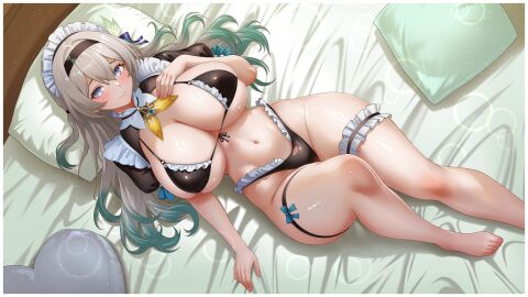 absurdres bikini black_bow blue_eyes bow breasts commission curvy female firefly_(honkai:_star_rail) frilled_bikini frilled_thigh_strap frills green_hair grey_hair hand_on_own_chest highleg highleg_bikini highres honkai:_star_rail honkai_(series) huge_breasts long_hair looking_at_viewer lying maid_headdress on_back pillow pixiv_commission ring_light_reflection shrug_(clothing) smile solo swimsuit thigh_strap tomo_eokaiteru
