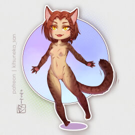 1girls animal_ears anthro ass_visible_through_thighs body_fur braid breasts brown_hair cat_ears cat_girl cat_tail chibi cleft_of_venus dated female female_only full_body furry khajiit kitsuneka-san looking_at_viewer m'rissi medium_hair mrissi nipples open_mouth original patreon_username pawpads polka_dot polka_dot_background pussy single_braid small_breasts solo standing standing_on_one_leg tail the_elder_scrolls the_elder_scrolls_v:_skyrim