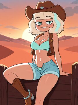 ai_generated bedroom_eyes boots cowgirl freckles hat jackie_lynn_thomas midriff pants_unbuttoned sitting_on_fence spurs star_vs_the_forces_of_evil sunset
