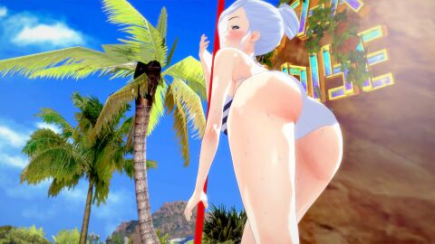 1girls ass ass_focus bikini bikini_bottom bikini_top blue_eyes female nakadashi_(artist) pole pole_dancing rwby solo_female tropical white-haired_female white_hair winter_schnee