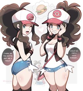 1girls ass baseball_cap black_vest blue_eyes blush breasts brown_hair burger cutoffs denim denim_shorts exposed_pocket female food hat high_ponytail highres hilda_(pokemon) long_hair looking_at_viewer nintendo one_eye_closed open_clothes open_mouth open_vest poke_ball_print pokemon pokemon_bw ponytail saliva shiny_skin shirt short_shorts shorts sidelocks smile solo teeth touyarokii vest white_shirt wristband