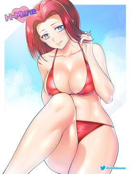 1girls big_breasts bikini blue_eyes breasts cleavage code_geass etchimune female gentle_smile kallen_stadtfeld legs light_skin looking_at_viewer medium_hair parted_lips red_hair sitting smile solo thighs