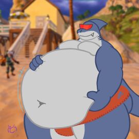 1:1 1boy 2024 anthro artist_logo ass belly big_belly bulge clothed clothing digital_media_(artwork) epic_games eyewear fish fortnite hi_res male male_only marine no_visible_genitalia notb1rd obese obese_anthro obese_male overweight overweight_anthro overweight_male penis penis_bulge safety_first_steve shark smile solo sunglasses swimwear tail