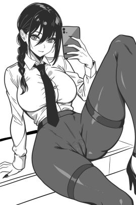 1girls aged_up braid braided_ponytail cameltoe chainsaw_man clothed demon demon_girl female heels holding_object long_hair monochrome mordredpenx nail_polish nayuta_(chainsaw_man) office_lady phone ponytail pussy sharp_fingernails solo solo_female