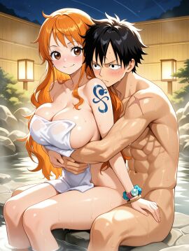 abs ai_generated big_breasts black_hair blush busty grabbing grabbing_from_behind hug_from_behind huge_breasts monkey_d_luffy muscular muscular_male nami_(one_piece) nude_male one_piece orange_hair scar tatto thick_thighs towel wide_hips