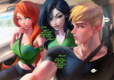 1boy 2girls belt belt_buckle big_breasts black_hair blonde_hair breasts dialogue disney english_text female ginger_hair green_eyes human kim_possible kimberly_ann_possible long_hair male multiple_females multiple_girls ron_stoppable sakimichan shego short_hair text