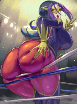 ass blush breasts droite_(yu-gi-oh!_zexal) female hand_on_ass hand_on_butt huge_breasts kazo lipstick looking_back pose purple_hair smile thick_ass thick_thighs voluptuous wrestler yellow_eyes yu-gi-oh! yu-gi-oh!_zexal