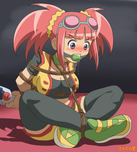 1girls ball_gag balls bangs blush bondage breasts dinosaur_king drooling female gag gagged goggles goggles_on_head legwear male medium_breasts pink_hair purple_eyes rope rope_between_breasts rope_bondage tagme thick_thighs thighhighs thighs twintails zoe_drake