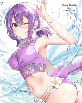 armpits ass breasts d4dj female flower happy_birthday hidaka_saori swimsuit text water yam_(yamap_mako)