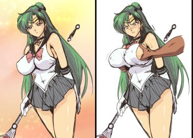 1boy 1girls 2021 2koma angry bare_shoulders bishoujo_senshi_sailor_moon breast_grab breast_hold breast_squeeze breasts choker circlet clothed clothing comic covered_navel disembodied_hand earrings elbow_gloves erect_nipples erect_nipples_under_clothes female female_focus gloves grabbing_from_behind hair_bun hand_under_clothes highres holding_staff jewelry large_breasts long_hair looking_at_breasts looking_down magical_girl male miniskirt molestation nipples nipples_visible_through_clothing partial_male pink_eyes pleated_skirt sailor_pluto sakura_na_omiki serious setsuna_meiou shirt sideboob skirt sleeveless sleeveless_shirt solo_focus staff sweat teeth thick_thighs thighs tied_hair tight_clothing very_long_hair white_gloves white_shirt