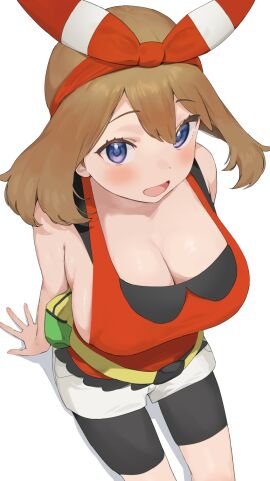 1girls 2d alternate_breast_size belt big_breasts biker_shorts black_shorts blue_eyes breasts brown_hair cleavage digital_media_(artwork) female female_focus female_only fully_clothed large_breasts may_(pokemon) may_(pokemon_oras) nekoshoko nintendo pokemon pokemon_oras shorts solo solo_female solo_focus thighs white_background white_shorts