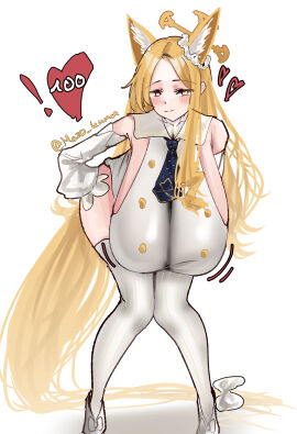 1girls alternate_breast_size animal_ears artist_name artist_signature blonde_hair blue_archive blush breasts breasts_bigger_than_head detached_sleeves ear female female_only gigantic_breasts hanging_breasts heart huge_breasts leaning_forward light-skinned_female light_skin long_hair long_sleeves looking_at_viewer mazo_kunn seia_(blue_archive) sideboob smile solo tail thighhighs top_heavy very_long_hair