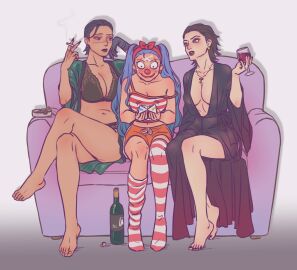 3girls alcohol bathrobe big_breasts black_hair blue_hair breasts buggy_the_clown cigarette cleavage clown clown_girl clown_makeup clown_nose dracule_mihawk estrelloso facepaint facial_scar female female_only full_body genderswap genderswap_(mtf) hair_ribbon hair_slicked_back light-skinned_female light_skin lingerie long_hair makeup mature mature_female medium_breasts nervous one_piece polyamory polycule robe rule_63 scar short_hair sir_crocodile sitting smoking striped_legwear striped_thighhighs stripes tan_skin twintails very_long_hair very_short_hair wholesome wine wine_glass yuri
