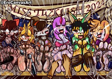 4_toes 5_toes absurd_res anthro beauty_pageant bikini bikini_top black_bikini black_clothing black_hair black_swimwear blonde_hair blue_bikini blue_clothing blue_swimwear blush bodily_fluids bondage bound brown_hair brush brushing_feet cabimangaka canid canine canis chloe_shiwulf closed_eyes clothing comb_(brush) contest crying_laughing curling_toes daniella_ralts domestic_dog electric_toothbrush english_text erocanvasart evelyn_mus_(erocanvasart) feet female female/female foot_fetish foot_focus fur generation_3_pokemon green_body green_eyes green_fur grey_body grey_fur group hair hairbrush hi_res horn jody_roo kangaroo kara_(skoufidios) lagomorph laugh leporid macropod mammal maria_(mrvalentim) marsupial multicolored_bikini multicolored_body multicolored_clothing multicolored_fur multicolored_hair multicolored_swimwear nintendo orange_bikini orange_body orange_clothing orange_fur orange_swimwear pale_soles pink_bikini pink_clothing pink_hair pink_swimwear pinwheel pokemon pokemon_(species) poster_(object) purple_bikini purple_clothing purple_eyes purple_swimwear rabbit ralts red_hair red_horn restraints salmon_fur sex_toy shaded signature soles spread_toes stocks sweat sweaty_feet swimwear tan_soles tears text tickle_fetish tickle_torture tickling tickling_feet tickling_hands toe_restraints toes toes_tied two-piece_swimsuit two-tone_body two-tone_fur two-tone_hair vibrator vibrator_on_feet white_body white_mouth white_soles wolf yellow_body yellow_fur yellow_soles