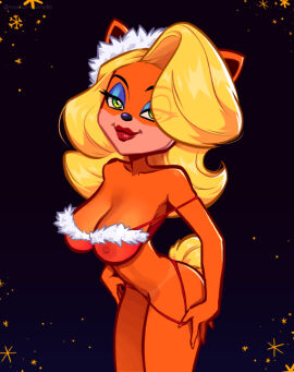 anthro areola bandicoot big_breasts blonde_hair bra breasts christmas christmas_clothing cleavage clothing crash_bandicoot_(series) curvy eyeliner eyeshadow female female_only furry green_eyes half_naked lipstick makeup mammal marsupial nipples nocturnl_draws see-through simple_background tan_fur tanline tawna_bandicoot thong thong_pull