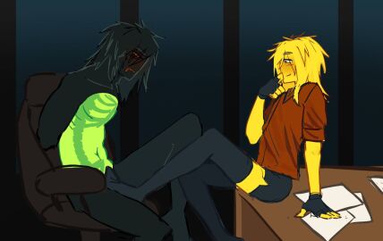 1x1x1x1 1x1x1x1_(forsaken) 2boys 2d 2d_(artwork) 2d_artwork 2male 2men black_body black_fingerless_gloves black_hair black_kneesocks black_limbs black_long_hair black_skin black_stockings black_thigh_highs black_thighhighs blush blushing_at_partner boys boys_love boys_only brown_sclera brown_teeth clothed clothed_footjob clothed_male color colored digital digital_art digital_artwork_(media) digital_drawing digital_drawing_(artwork) digital_media digital_media_(artwork) digital_painting digital_painting_(artwork) elliot_(forsaken) elliot_(work_at_a_pizza_place) finger_to_mouth fingerless_gloves foreplay foreplaying forsaken_(roblox) gay gay_domination gay_footjob gay_male gdz green_torso in_office kneehigh_socks kneehighs kneehighs_on_male kneesock_on_male kneesocks long_black_hair long_hair long_yellow_hair looking_at_partner male male/male male_only men_love_men men_only out_of_character red_shirt roblox roblox_game robloxian simple_background sitting_in_chair sitting_on_chair sitting_on_table stockings stockings_on_male stockings_thigh_highs thigh_highs thighhighs video_game video_game_character video_game_franchise video_games visible_ribcage yellow_fur yellow_hair yellow_long_hair yellow_skin