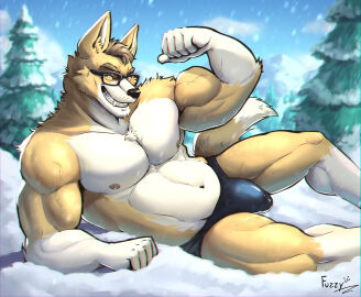abs anthro biceps brown_body brown_fur bulge canid canine canis clear_sky clothed clothing cloud cocky_smile domestic_dog evergreen_tree eyewear fangs flexing fur fuzziness glasses green_eyes herding_dog hi_res light looking_at_viewer lying lying_on_snow male mammal mountain muscles muscular muscular_chest muscular_legs muscular_male navel nipples on_side pastoral_dog pine_tree plant sky smile smiling_at_viewer snow solo sunlight tail teeth thong thong_only toothy_grin topless tree underwear underwear_only vein veiny_muscles welsh_corgi white_body white_fur yellow_body yellow_fur