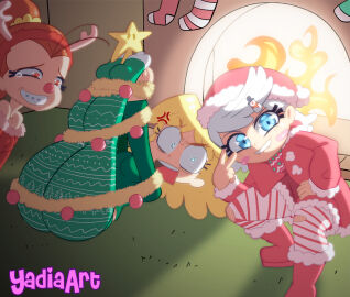 3girls angry_expression angry_face blonde_female blonde_hair blue_eyes christmas christmas_outfit christmas_tree curvy female fire laugh linka_loud lori_loud luan_loud multiple_females multiple_girls nickelodeon smile smiley_face star the_loud_house white_hair yadia