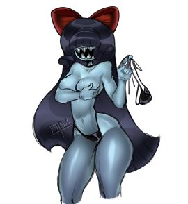 arm_covers_breast bangs_over_eyes blue_skin breasts female long_hair red_bow sharp_teeth tagme threadville topless topless_female veena veena_(threadville)