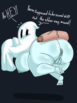 ass big_ass big_breasts big_penis black_eyes blue_areola blue_skin blush breasts covered_head dark_background eyelashes female floating ghost_costume ghost_girl halloween halloween_theme hands_up japansadface male penis penis_on_ass pussy solo suprised_look talking_to_viewer text wet_pussy white_cloak