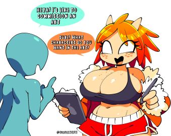 1boy 1girls breasts color commissioning_artist dialogue english_text female happy holding_pen holding_tablet huge_breasts looking_at_another male mango_quaver_(female) oc original original_character quavernsfw shorts sweater talking_to_another text thick_thighs twitter_link