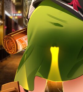 1girls alcohol ass ass_focus beer beer_bottle bocchi_the_rock! bottle cleft_of_venus dress drunk drunk_female female female_only from_behind glass_bottle green_dress hi_res highres hiroi_kikuri khyleri light-skinned_female light_skin no_panties outdoors photo_background pussy pussy_focus pussy_juice pussy_juice_drip sandals see-through see-through_clothing see-through_skirt skirt standing thighs wet wet_pussy