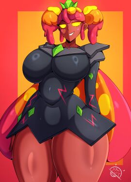 brawl_stars breasts bright_eyes clothed clothing dark-skinned_female dark_skin female female_only large_breasts looking_at_viewer magma magma_mandy_(brawl_stars) mandy_(brawl_stars) multicolored_hair solo solo_female supercell thick_thighs tr_yithaz