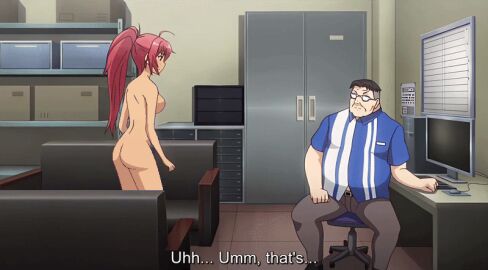 animated anime_screenshot clothed_male clothed_male_nude_female computer computer_monitor convenience_store fat fat_male female glasses konbini_shoujo_z male naked nude nude_female red_eyes red_hair tan tan_skin ugly_bastard