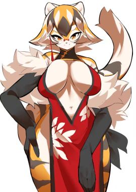 anthro big_breasts breasts china_dress chinese_clothes cleavage dress elbow_gloves female furry glasses gloves huge_breasts mx99926 navel thick_thighs tiger tiger_girl wide_hips