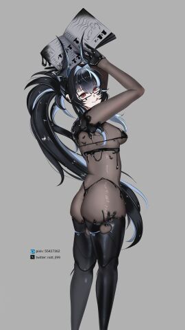 absurd_res bahamut_(nikke) bikini black_hair black_liquid bodysuit book eyebrows_visible_through_hair female full_body_suit glasses goddess_of_victory:_nikke grey_background highres holding horns latex_bikini latex_gloves light-skinned_female light_skin liquid_clothes liquid_latex long_hair mole mole_under_mouth multicolored_hair nstt_399 red_eyes simple_background skin_tight solo two-tone_hair