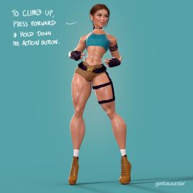 1boy 1femboy 3d airpods artist_name blue_background boots booty_shorts bulge bulge_through_clothing clothed clothed_male crop_top dialogue english_text femboy femboy_only feminine_male front_view high_heel_boots high_heels hitchcock lara_croft lara_croft_(classic) male male_lara male_only muscular muscular_thighs non-nude penis pouty_lips short_shorts shorts simple_background slim_waist small_bulge small_penis solo solo_femboy standing stiletto_boots stiletto_heels text thighs timberland_high_heels timberlands timbs tomb_raider