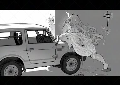 1boy ^^^ barefoot barghest_(gawain)_(fate) caught commentary_request dress fate_(series) feline female female_masturbation from_behind greyscale highres letterboxed long_hair looking_at_another male masturbation mechanophilia monochrome original pussy pussy_juice sashizume_soutarou soles toes wet wet_clothes wet_dress