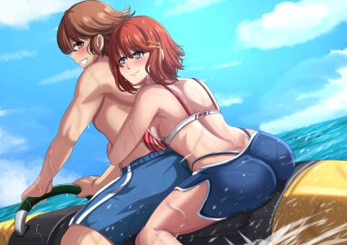 1boy 1girls ass banana_boat bikini blush boat brown_eyes brown_hair eiyuu_densetsu female grey_eyes lloyd_bannings male noel_seeker ocean orcaomega red_hair shorts smile swimming_trunks the_legend_of_heroes wet