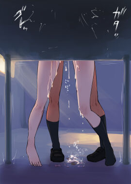 2girls against_wall aomushi_(mushamusha) artist_request asymmetrical_legwear bathroom bathroom_stall black_socks cum cum_drip cum_inside cum_on_floor cum_on_leg cum_running_down_leg dark-skinned_female dark_skin female from_behind from_below implied_sex implied_sex_from_between_legs motion_lines multiple_females multiple_girls no_shoes offscreen_sex onomatopoeia out_of_frame_censoring socks stealth_sex tiptoes