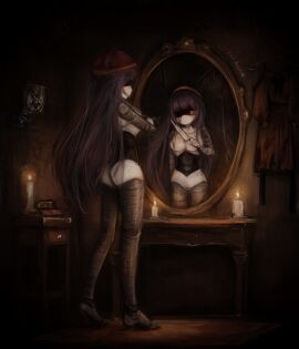 1girls ass breasts dark_room doll_(murder_drones) female female_focus female_only glitch_productions idk-butterfly knife long_hair mirror_reflection murder_drones purple_hair robot robot_girl solo white_body worker_drone