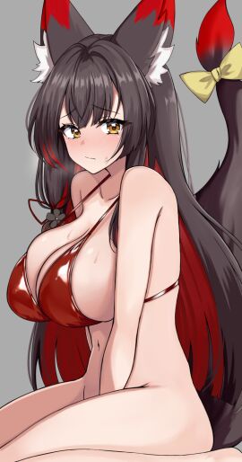 1girls allied_hyakkiyako_academy_student animal_ears between_legs bikini bikini_top_only blue_archive bottomless breasts closed_mouth embarrassed female full-face_blush grey_background hand_between_legs highres huge_breasts light-skinned_female light_skin long_hair looking_at_viewer maki_hinata_yuzu_(mahinatayuzu) multicolored_hair navel red_bikini seven_prisoners_(blue_archive) simple_background solo sweatdrop swimsuit tail two-tone_hair wakamo_(blue_archive) yellow_eyes