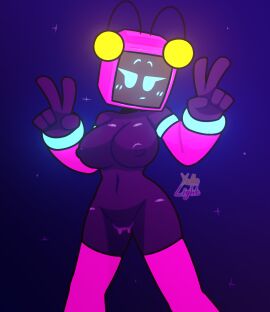 1girls female female_only glowing mariah_arts neo_(mariah_arts) robot robot_girl screen_face tv_head v_sign yellolight