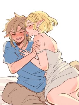 1boy 1girls aorin bare_legs big_breasts blonde_hair blush breasts closed_eyes elf elf_ears elf_female embarrassed embarrassed_female embrace female hand_on_arm hand_on_chest hugging legs_together licking licking_ear link link_(tears_of_the_kingdom) male princess_zelda pushing pushing_away sleeveless_shirt tears_of_the_kingdom the_legend_of_zelda wholesome zelda_(tears_of_the_kingdom)