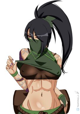 1girls 2d akali_jhomen_tethi athletic athletic_female black_hair boobs breasts female female_only hayashidraws kunoichi league_of_legends light-skinned_female light_skin mask masked ninja purple_nails red_eyes riot_games solo