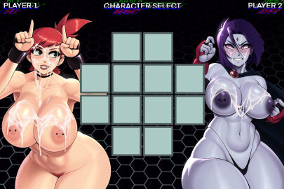 2girls big_breasts breasts breasts_bigger_than_head character_select crossover cum cum_on_breasts cum_on_face dc dc_comics female female_only foster's_home_for_imaginary_friends frankie_foster grey_skin huge_breasts large_breasts multiple_females multiple_girls purple_hair rabbitslides raven_(dc) red_hair source_request teen_titans