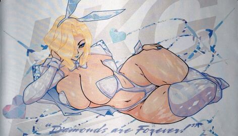 2d artist_request big_breasts blonde_female blonde_hair blue_eyes blue_lipstick bob_cut breasts breasts_bigger_than_head bunny_ears crossed_legs emma_frost emma_frost_(marvel_rivals) eyelashes female hellfire_club huge_breasts large_breasts legs_together leotard light-skinned_female light_skin lingerie lying_on_side marvel marvel_comics marvel_rivals medium_hair no_bra no_panties pinup pinup_pose playboy_bunny playmat thick_legs thick_thighs thighhighs traditional_media voluptuous voluptuous_female white_queen wide_hips x-men