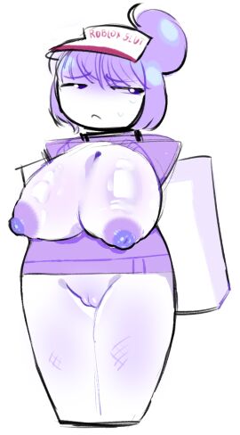 1girls areolae big_breasts big_nipples big_thighs blocky_body bottomless breasts breasts_out female forced_exposure ishikitty nipples original_character partially_clothed purple_nipples pussy roblox robloxian sad self_upload standing tagme thighs visor_cap
