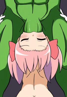 crossover deepthroat fellatio green_skin madoka_kaname magical_girl mahou_shoujo_madoka_magica muscular_male on_knees oral pink_hair puella_magi_madoka_magica sucking_penis twintails