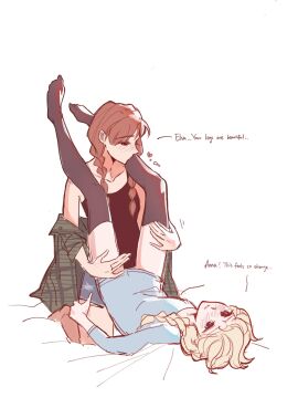 2girls anna_(frozen) blonde_hair blush clothed clothing elsa_(frozen) female frozen_(film) heart_symbol incest qingwuwu redhead sisters stockings text thighhighs yuri